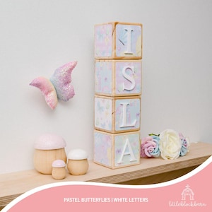 Personalised Baby Name Blocks, Baby Girl Gift, Nursery Blocks for Shelf, Wooden Letter Blocks, Personalised Baby Gift, Pastel Butterflies