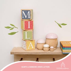 Personalised Baby Name Blocks, Baby Blocks, Colourful Kids Bedroom, Wooden Blocks with Letters, Personalised Baby Gift, Hearts & Rainbows