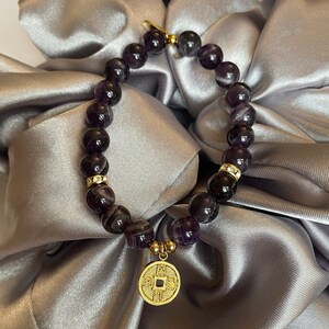 Authentic Amethyst, Lucky Coin Bracelet, Tarnish Resistant,  Calming Bracelet, Bracelet for Sleep, Lucky Charm Bracelet, Coin Charm Bracelet