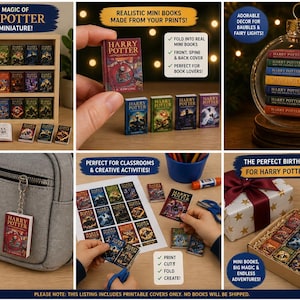 May include: A collection of miniature Harry Potter books, displayed in various settings. Includes a bookshelf, a keychain, and a gift box. The books have colorful covers and are perfect for fans.