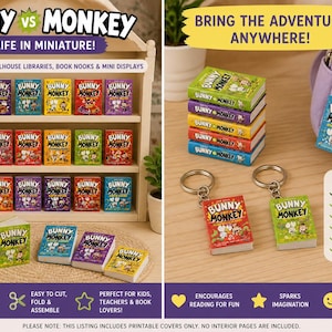 May include: Miniature "Bunny vs Monkey" books and keyrings. The books are in various colours and displayed on a shelf and in a stack. The keyrings feature the book covers. Text includes "Bring the Adventures Anywhere!"