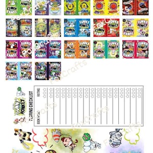 Puede incluir: Una colección de portadas de minilibros titulada "Bunny Monkey" con varios diseños coloridos. La imagen incluye una lista de verificación de lectura e ilustraciones de dibujos animados de los personajes. El texto "Mini Cover Collection" está en la parte superior.