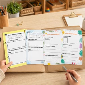 Puede incluir: Cuatro hojas de evaluación de escritura educativa con temas estacionales: Entrada, Otoño, Primavera y Verano. Cada hoja presenta espacios en blanco para escribir nombres, etiquetas, pies de foto y oraciones, decoradas con coloridos iconos estacionales.