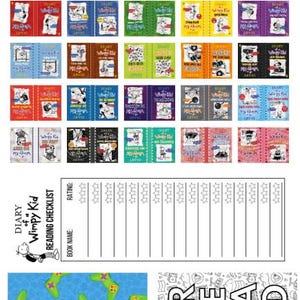 May include: A selection of miniature book covers from the "Diary of a Wimpy Kid" series, showcasing diverse colours and designs. Includes a reading checklist and a bookmark with the word "READ".