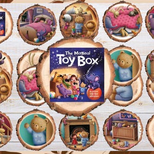 Könnte beinhalten: Eine Sammlung kreisförmiger Holzscheiben mit gedruckten Illustrationen aus dem Kinderbuch The Magical Toy Box. Die Bilder zeigen Teddybären, Spielzeugtiere und Kinder in Schlafzimmern, wobei eine mittlere Scheibe das Buchcover zeigt.