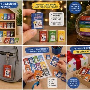 Könnte beinhalten: Verschiedene Präsentationen von Mini-Büchern "Gregs Tagebuch". Dazu gehören ein Holzregal, ein Schlüsselanhänger und eine Glaskugel. Das Bild zeigt auch eine Geschenkbox mit Mini-Büchern und einer Geburtstagskarte.