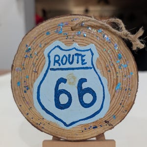Rustic Blue Wooden Route 66 Ornament - Vintage-Inspired Wall Decor with Metallic Glitter Accents
