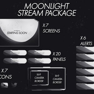 Moonlight Theme Stream overlay pack | Black and White Stream Overlay | Stream Bundle | Stream Overlays | Panels | Alerts| AFK Screens