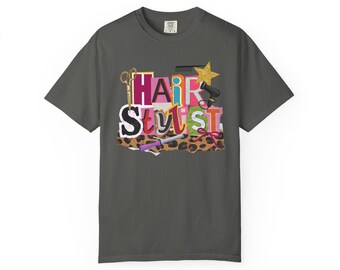 Haar Stylistin Grafik-T-Shirt | Bunt Schere, Kamm, Leopard Muster