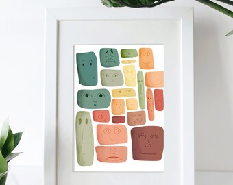 Color Faces | Colorful Bohemian | Art Print | Abstract Faces | Warm Color Swatches | Aesthetic Room Decor | Eclectic | Mid Century Design