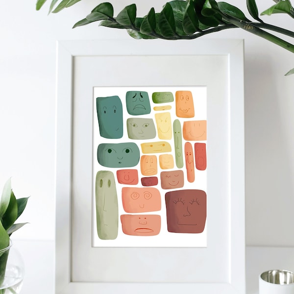 Color Faces | Colorful Bohemian | Art Print | Abstract Faces | Warm Color Swatches | Aesthetic Room Decor | Eclectic | Mid Century Design