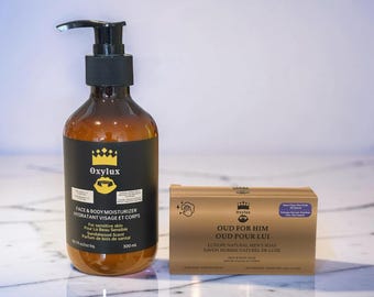 Oud Face and Body Soap + Moisturizer for Men, Vitamin C & E (100g/ 300ml 2-Pack)