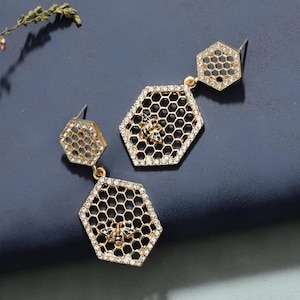 Cute Bee Dangle Earrings / Honeycomb Gold Earrings / Diamond Vintage Earrings / Honey Hexagon Earrings / 925 Sterling Silver Earrings