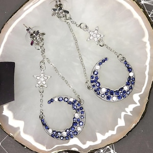 Blue Moon Earrings / Star Earrings / Moon and Star Earrings / Crystal Dangle Earrings / Moon Dangle Earrings / Galaxy Earrings / Sparkle