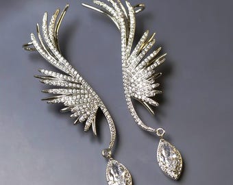 Angel Wing Feather Ear Climber Earrings / Angelic Diamond Cuff Earrings / Sterling Silver Crystal Earrings / Ear Crawler Ear Wraps for Women