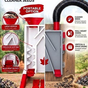 May include: A seed sorter device shown in two configurations: a white portable unit with a red hopper and multi-port output, and a gray wall-mounted unit with a black vacuum hose attachment. Both feature internal sorting channels and red accents.