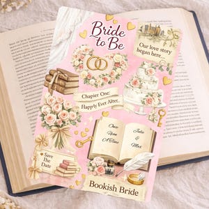 May include: A pink wedding-themed card with the text "Bride to Be" and illustrations of wedding rings, a cake, and books. The card includes the text "Our love story began here..." and "Bookish Bride."