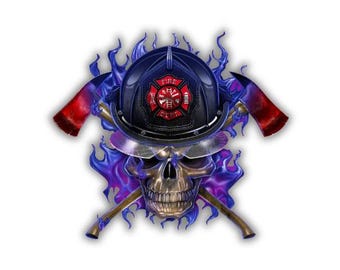 May include: A graphic illustration featuring a human skull wearing a dark blue firefighter helmet with a red emblem. Two crossed axes with red blades are positioned behind the skull, all surrounded by stylized blue flames on a white background.