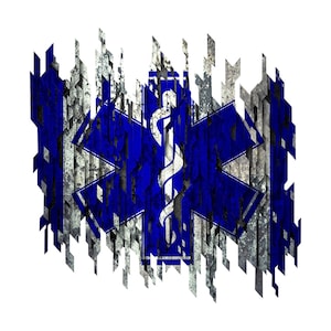 Könnte beinhalten: Ein blaues und weißes medizinisches Symbol mit einer Schlange, die sich um einen Stab windet, vor einem Hintergrund aus gebrochenen, grauen und weißen Linien.