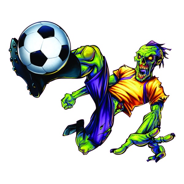 Zombie soccer player kicking soccer ball, soccer image for print, full color soccer player, fun zombie soccer player, soccer, soccer player