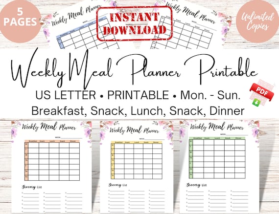 WEEKLY MEAL PLANNER Printable Printable Weekly Meal Planner - Etsy