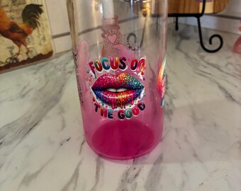 16 oz glass ombré pink tumbler inspiration theme with customized lid