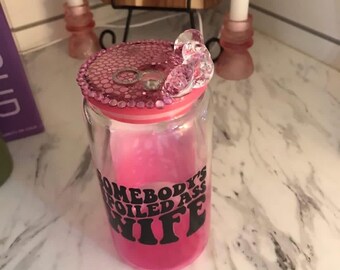 16 oz ombré pink photo glass spoiled wife tumbler with diamond customized lid