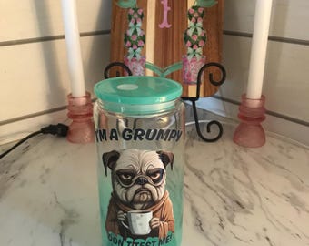 16oz mint ombré glazen beker chagrijnig bulldog-ontwerp