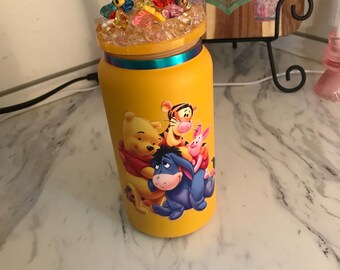 16 oz stainless steel mustard tumbler pooh inspired theme with customized lid