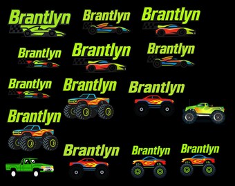 Monster truck uv dtf name in lime green and multi colors monster car and truck design set of 10 used for hard surfaces diy friendly