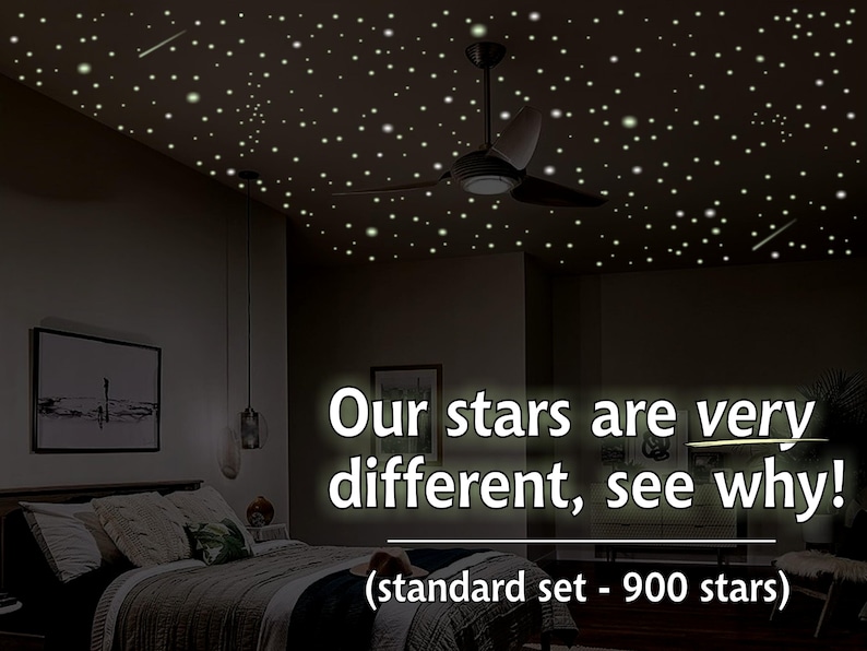 Kostenloser Versand am selben Tag! DIE leuchtendsten Glow In The Dark Decken-Sterne verfügbar. Die einzigen 10hr-Leuchtsterne, die überall verfügbar sind / 900 Formen Bild 1