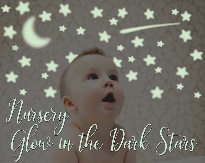 May include: A baby looks up at a ceiling covered in glow-in-the-dark stars and a crescent moon. The text "Nursery Glow in the Dark Stars" is written below the baby.