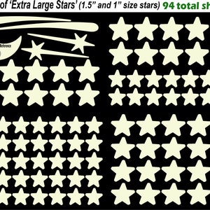 May include: A set of 94 glow-in-the-dark stars in two sizes: 1.5 inches and 1 inch. The stars are white and are arranged in rows on a black background. The image also includes a crescent moon and shooting stars.