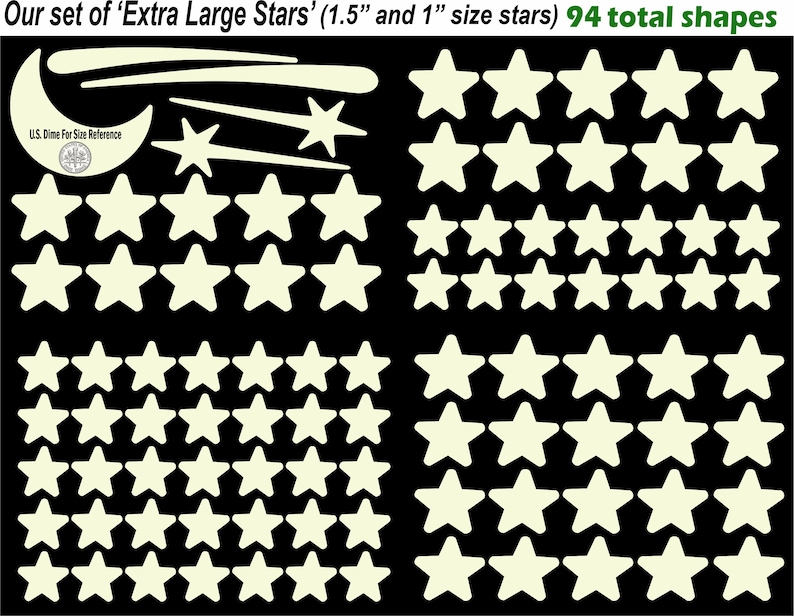 May include: A set of 94 glow-in-the-dark stars in two sizes: 1.5 inches and 1 inch. The stars are white and are arranged in rows on a black background. The image also includes a crescent moon and shooting stars.