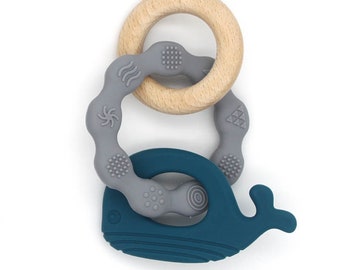 Baby Teether- Silicone and Beechwood Ring- Nautical Blue/Gray Whale