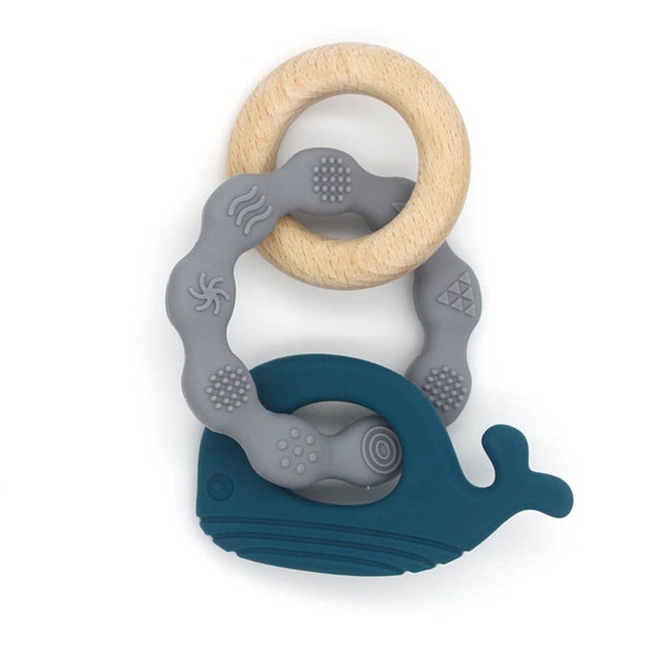 Baby Teether- Silicone and Beechwood Ring- Nautical Blue/Gray Whale