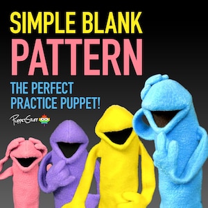 Puede incluir: Imagen promocional con cuatro marionetas coloridas en rosa, morado, amarillo y azul. Las marionetas tienen la boca abierta y visten tops con capucha. El texto en la parte superior dice "SIMPLE BLANK PATTERN" y "THE PERFECT PRACTICE PUPPET!"