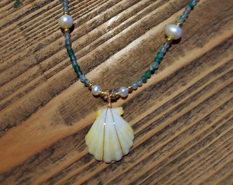 Green Gemstone and Pearl Necklace with Hawaiian Sunrise Shell