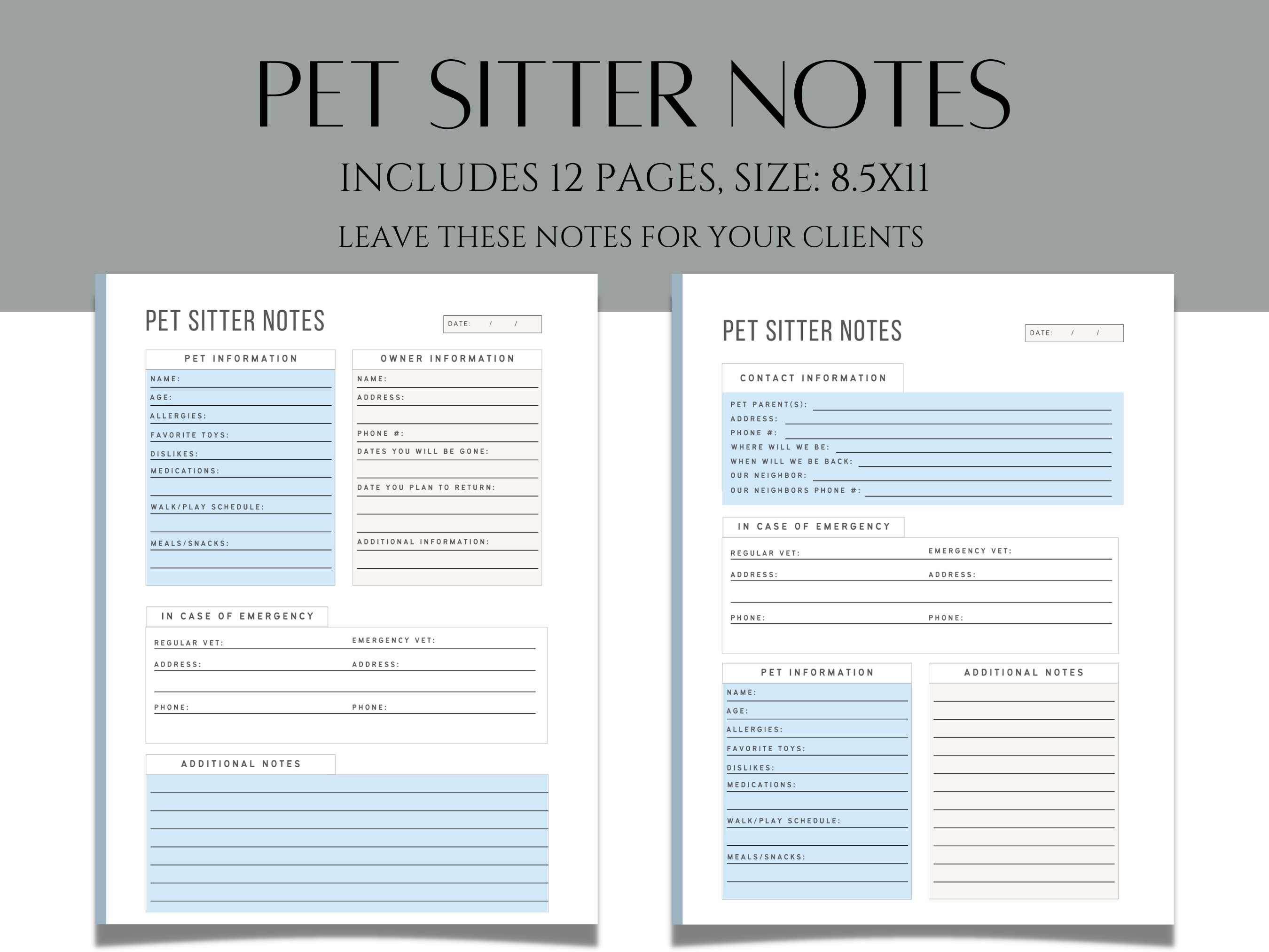 Pet Sitter Notes Dog Walker Cat Sitter Digital Download Editable Pet ...