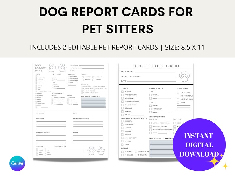 Dog Boarding/sitting Report Card Template Editable Template Dog Report