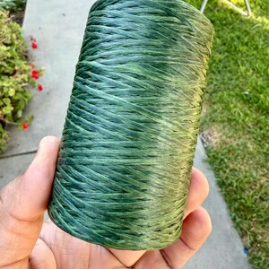May include: A roll of green raffia ribbon. The raffia is a deep green color, with lighter green highlights. The ribbon is tightly wound into a cylindrical shape. The image is taken outdoors, with a grassy background.