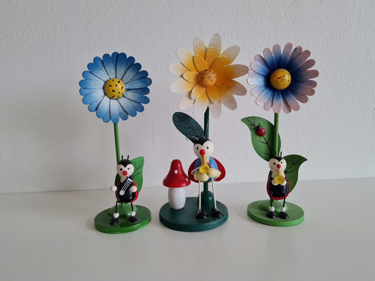 Vintage Erzgebirge Easter ladybug figurine, miniature ladybug collectible figurines painted East Germany Easter Wooden decoration