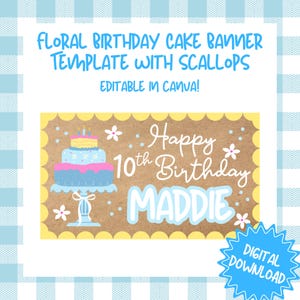 Modello di torta di compleanno floreale con bordo smerlato / Modificabile in Canva / Download digitale / Banner di carta artigianale