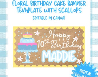 Floral Birthday Cake Banner Template | Editable Canva Design (Digital Download)