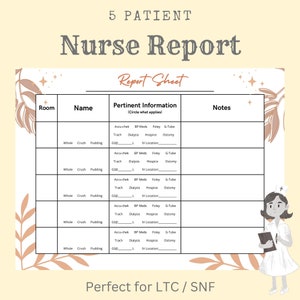 Nursing Report Sheet LTC / 5 Patient  / SNF / Nursing Report / Skilled nursing / Long Term Care / Medical Surgical / Med Surg Multi Patient
