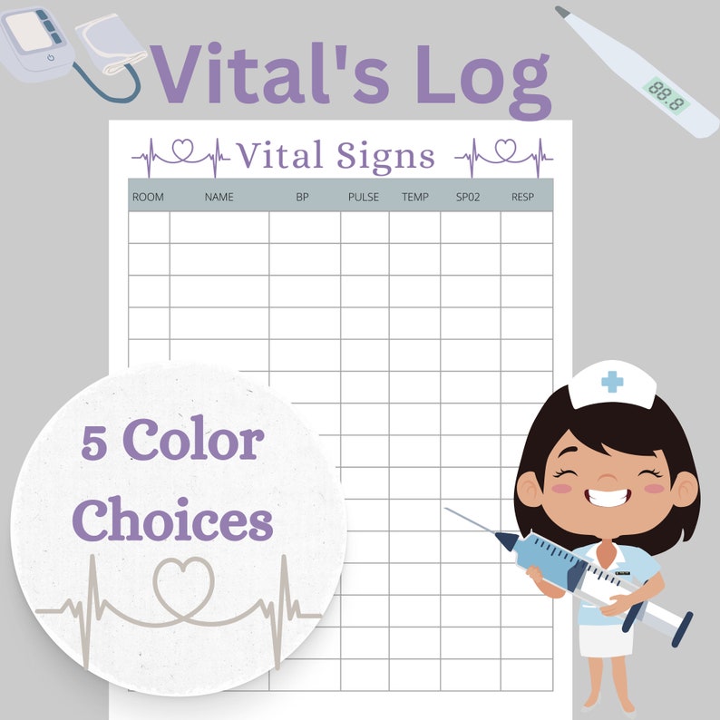 Printable Vitals Log Vitals Report Chart Vital Signs Tracking Sheet 15 Patient BP