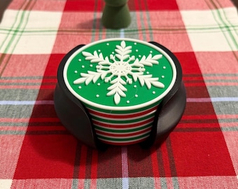 3D Printed Snowflake Coaster Set with Holder – Customizable Christmas Decor
