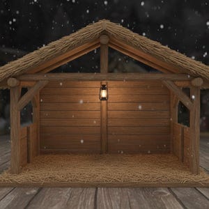 May include: A wooden nativity stable featuring a thatched roof, horizontal plank walls, and a central hanging lantern. The interior floor is covered in straw, and the structure is set against a dark background with falling white snow.