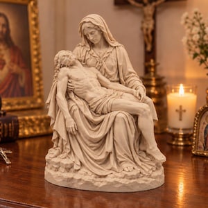 Könnte beinhalten: Eine cremefarbene Harzskulptur, die die Pietà darstellt und eine sitzende Figur zeigt, die eine liegende Figur auf ihrem Schoß hält. Die detaillierte Figur weist fließende Gewänder und realistische anatomische Formen auf einem felsigen Sockel auf.