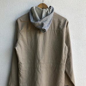 Vintage quiksilver tactical jacket khaki cotton parka hidden hoodie jacket button up image 7